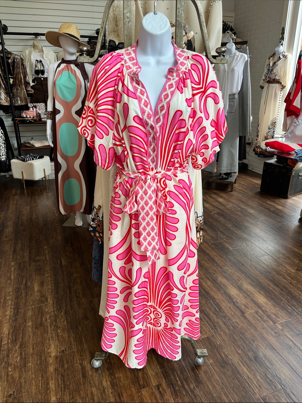 TAS93187 Bohemian Pink & Cream Tie-Waist Midi Dress
